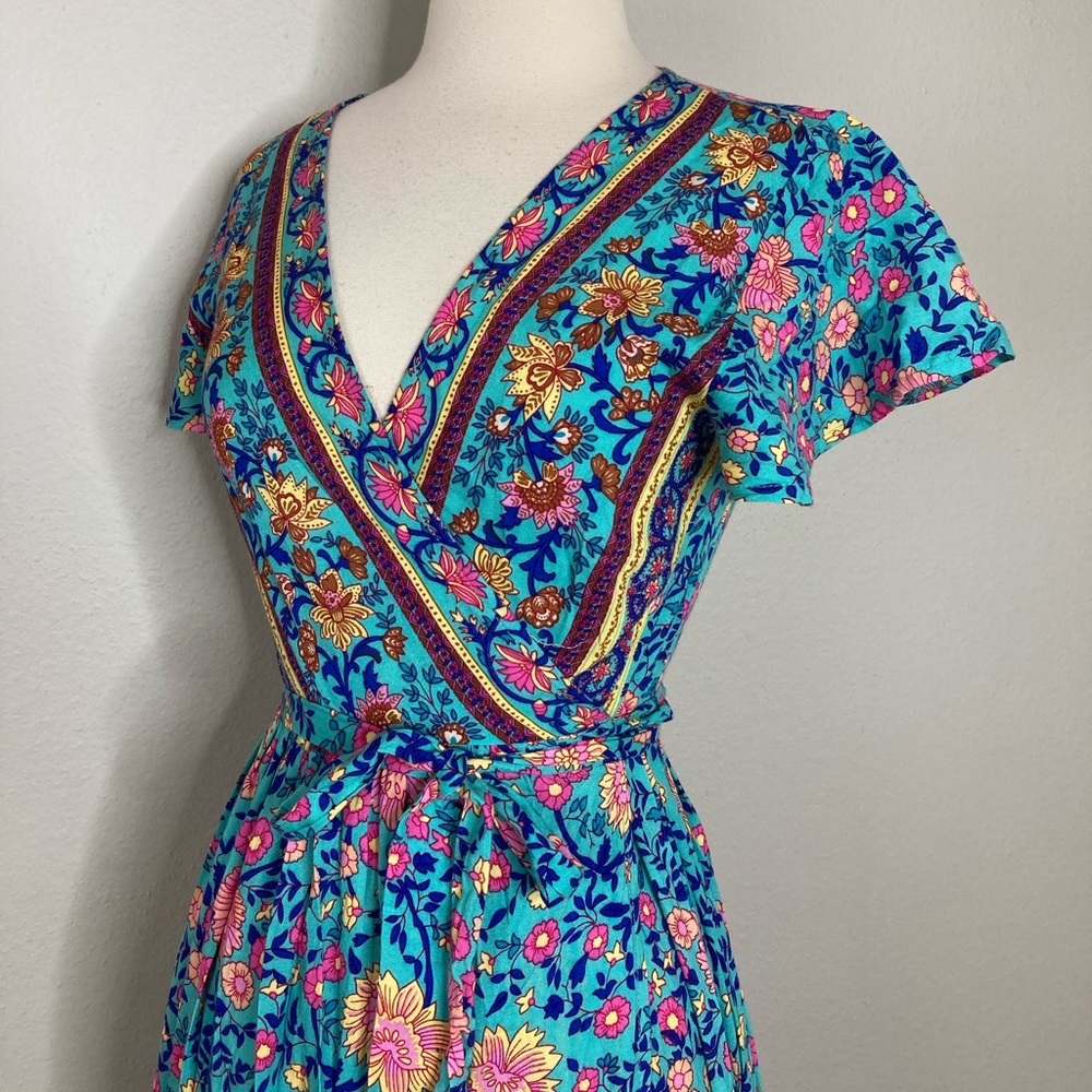 Indie Folk Women Sexy Printed Bow Beach Wrap Dresses V-Neck Boho Dress - Picture 5 of 7